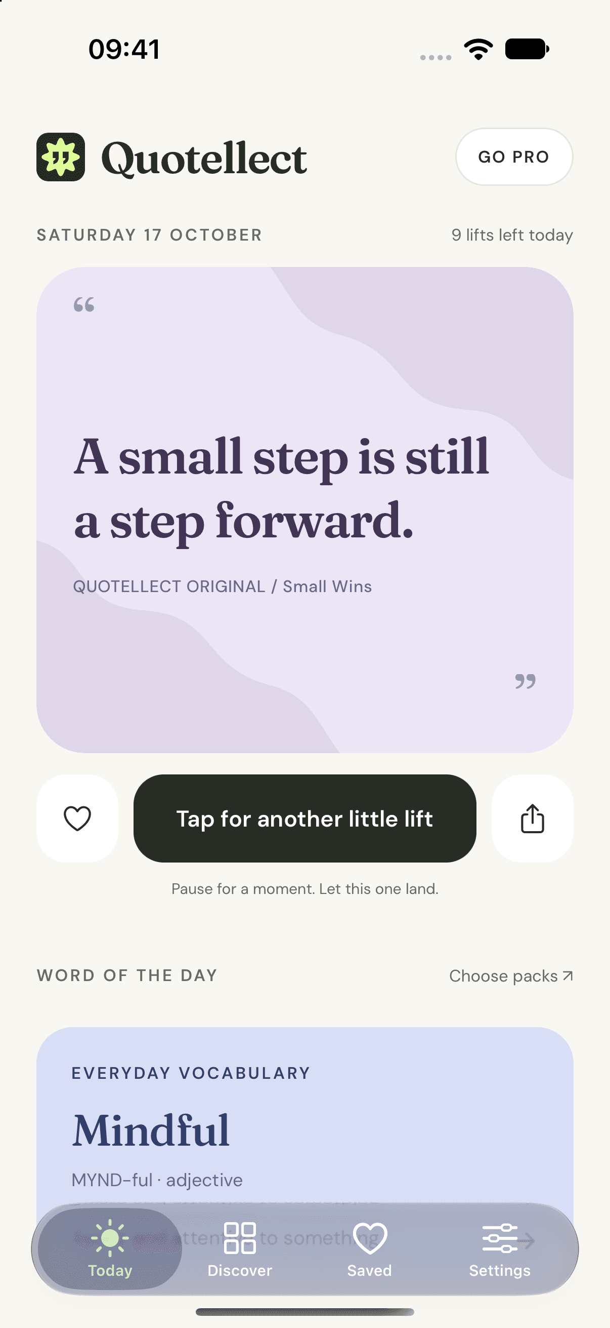 Quotellect on iPhone: A small step is still a step forward, with Word of the Day below.